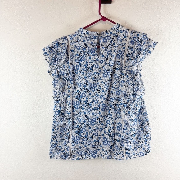 Veronica Beard Sol Floral Printed Lace Ruffle Blouse Blue Size 14 Casual Cotton - Picture 7 of 7